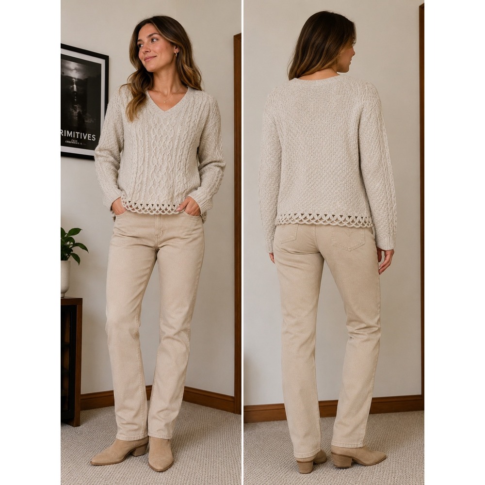 Tweeds Woman 2X Angora Rabbit Hair Cable Knit Sweater Beige‎ V Neck Scallop Hem
